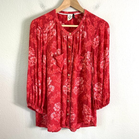 Anthropologie Akemi + Kin Womens Small Coconino Red Floral Button Up Blouse Top - Picture 2 of 11